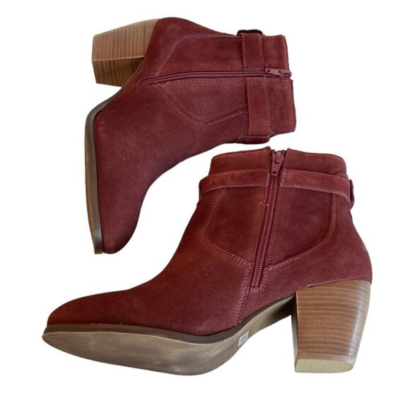 Diba Women's Sleek Bootie Burgundy Suede Buckle Stacked Heel LeatherSize 8.5 NWT - Picture 5 of 8